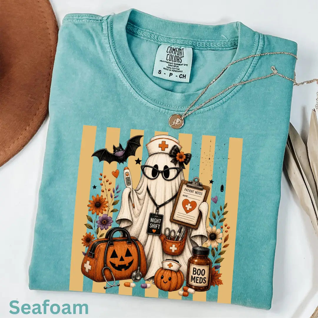 Night Shift Nurse Halloween Comfort Colors T-Shirt alternate product view in Seafoam.