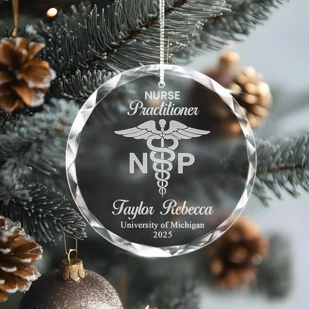 Additional view of a Nurse Practitioner personalized engraved engraved crystal glass ornament.