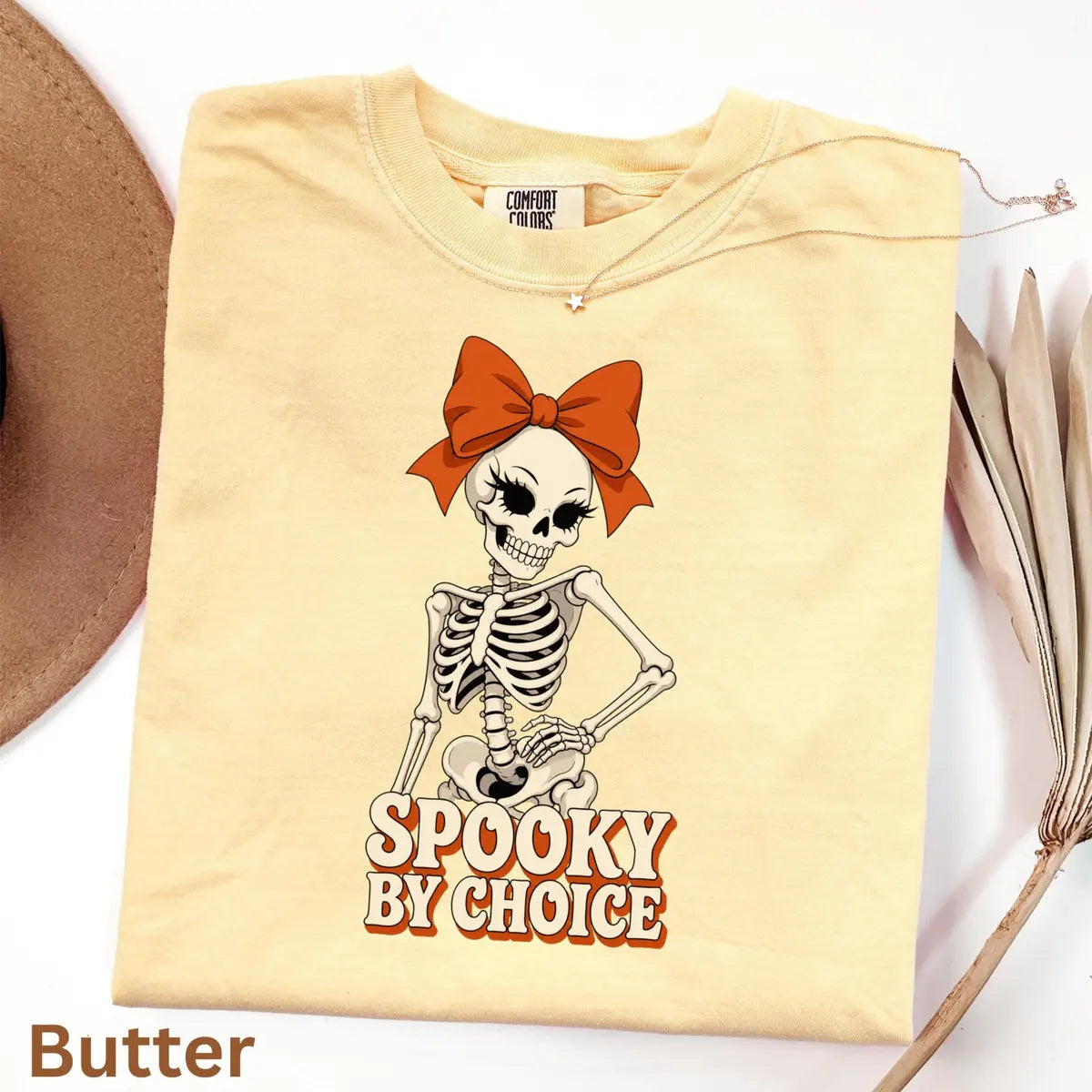 Spooky By Choice Skeleton Comfort Colors T-Shirt alternate product view in Butter.