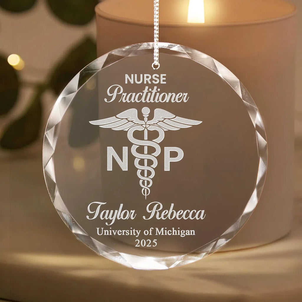 Additional view of a Nurse Practitioner personalized engraved engraved crystal glass ornament.