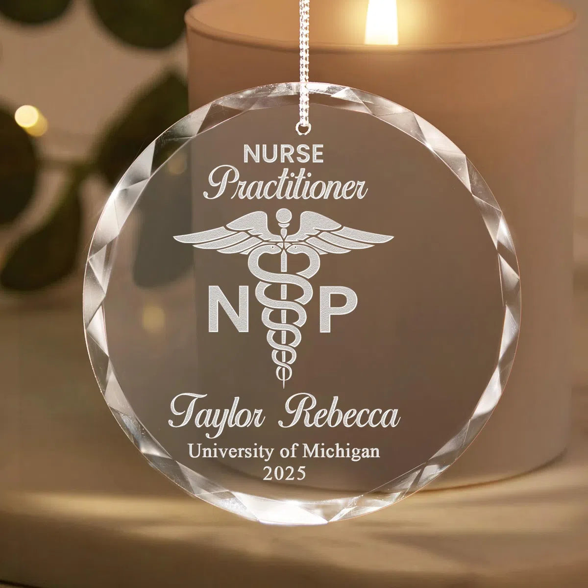 Additional view of a Nurse Practitioner personalized engraved engraved crystal glass ornament.