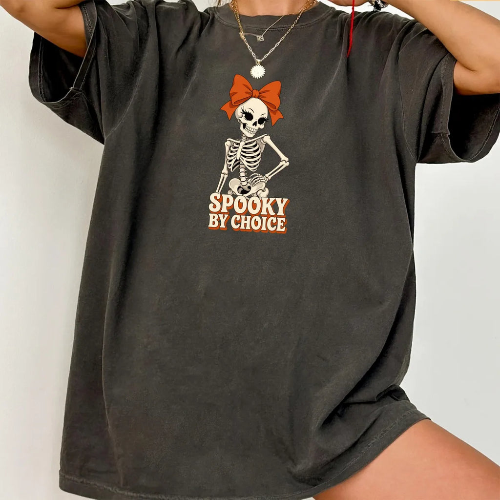 Spooky By Choice Skeleton Comfort Colors T-Shirt alternate product view in Pepper.