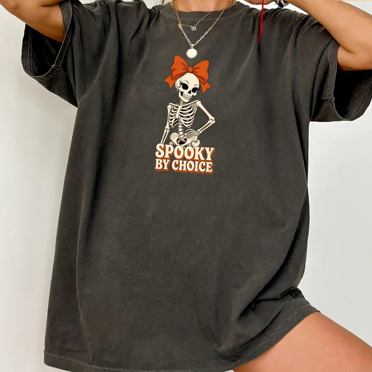Spooky By Choice Skeleton Comfort Colors T-Shirt alternate product view in Pepper.