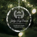Personalized engraved crystal glass ornament featuring Law Judge.
