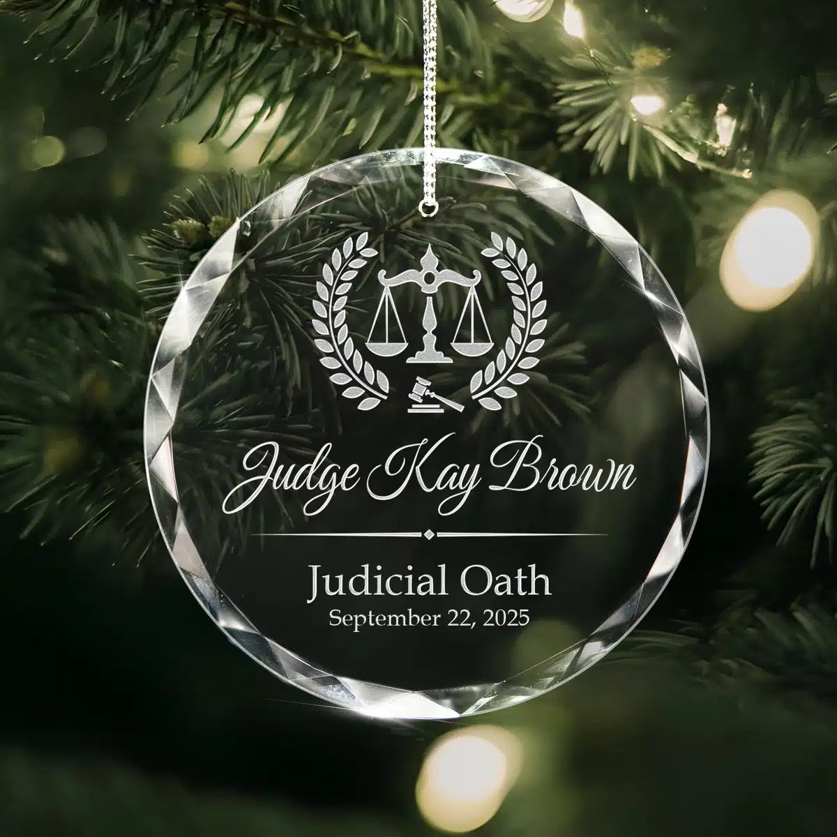 Personalized engraved crystal glass ornament featuring Law Judge.