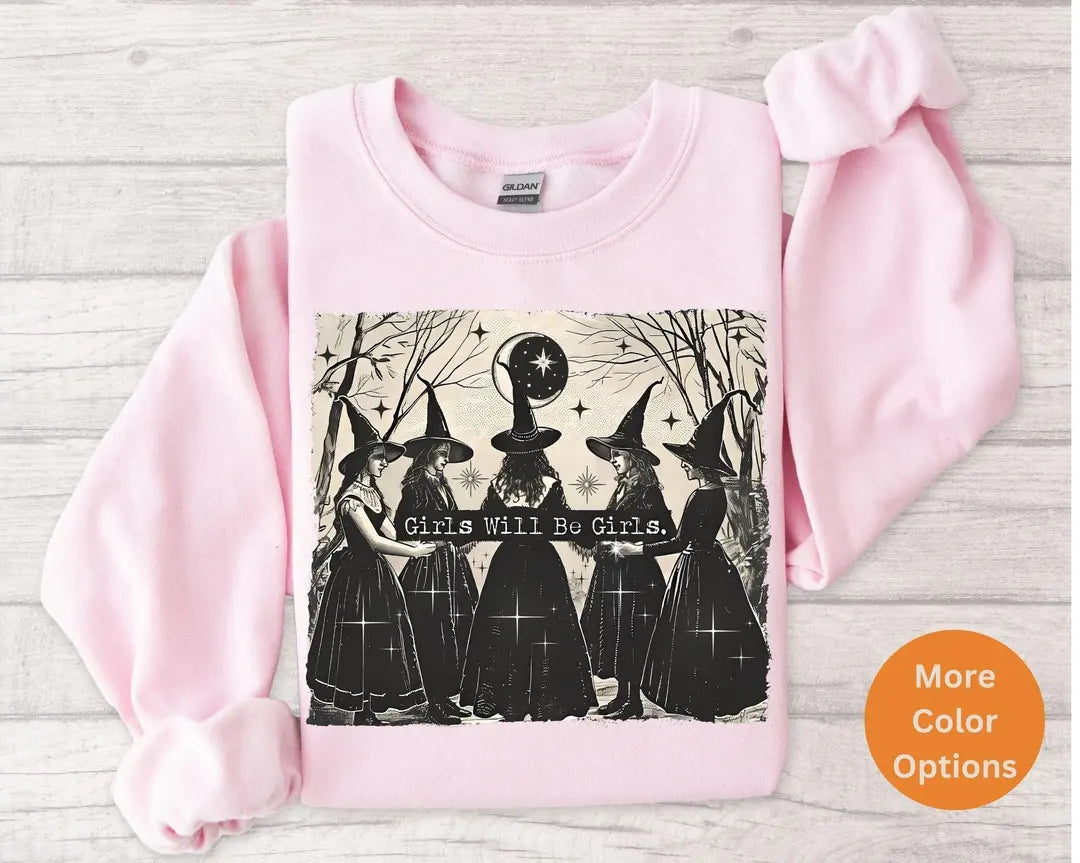 Black Crewneck sweatshirt with printed Vintage Girls Will Be Girls Witch design, alternate product view.