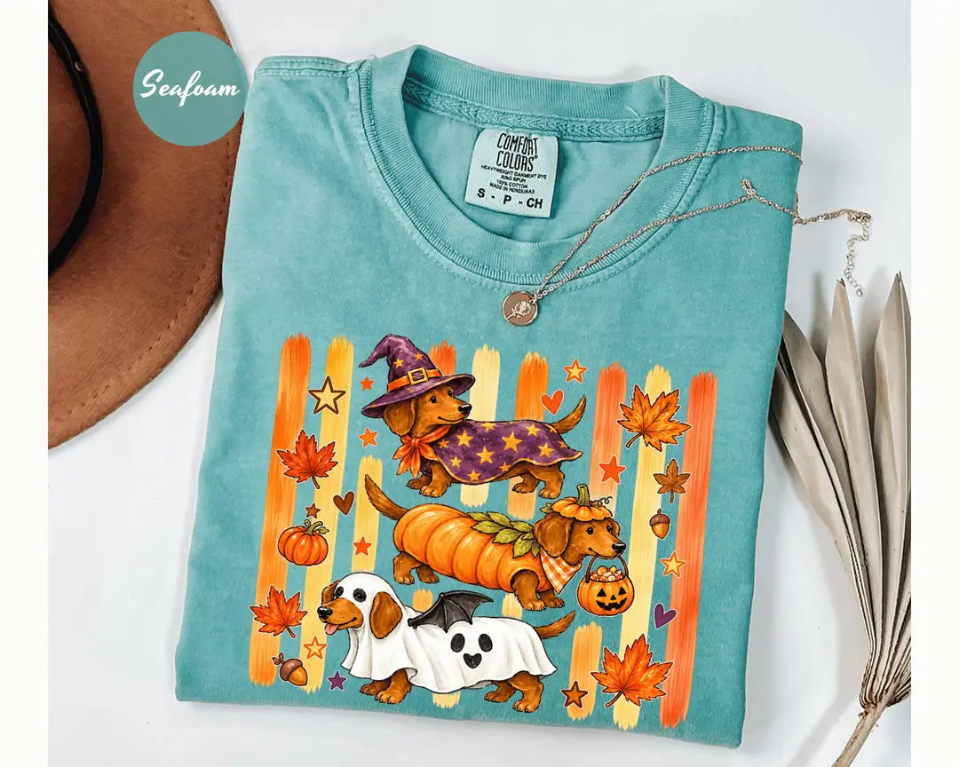 Seafoam Comfort Colors 1717 T-shirt with Halloween Dachshund design