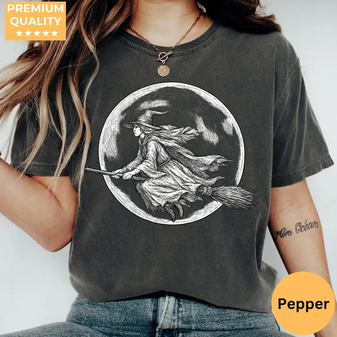 Witch Flying Broomstick Comfort Colors T-Shirt hero view in Pepper.
