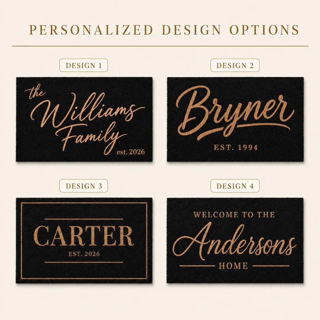 Personalized design options card showing four black faux coir doormat script layouts with gold-tone lettering