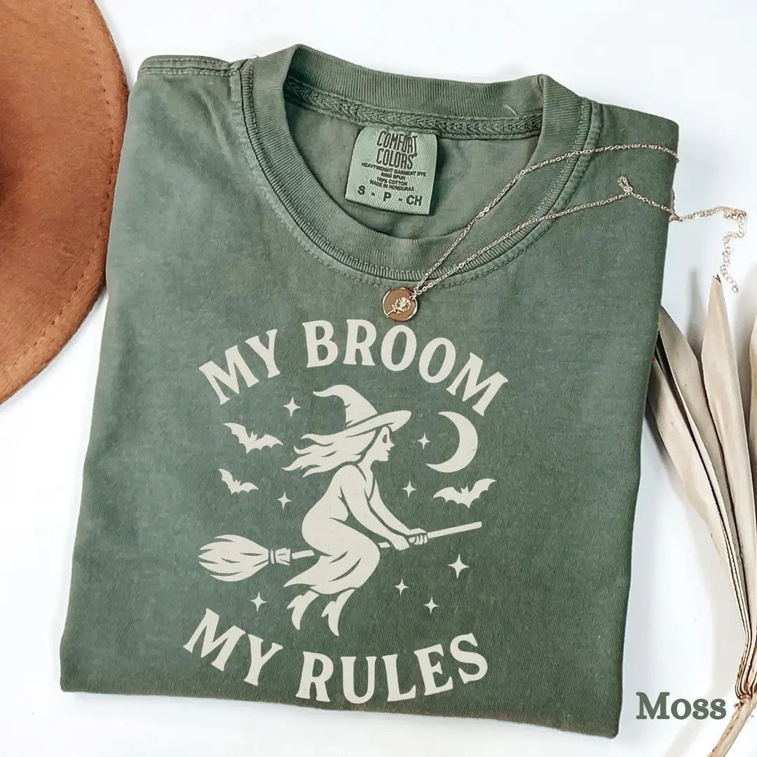 My Broom My Rules - Witch Halloween Comfort Colors T-Shirt alternate product view in Moss.