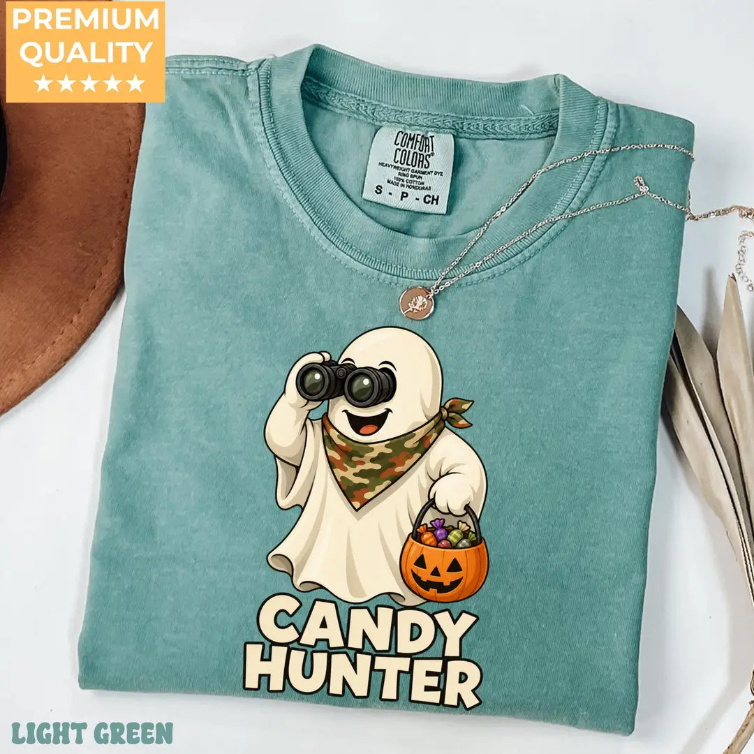 Candy Hunter Camo Halloween Comfort Colors T-Shirt alternate product view in Light Green.