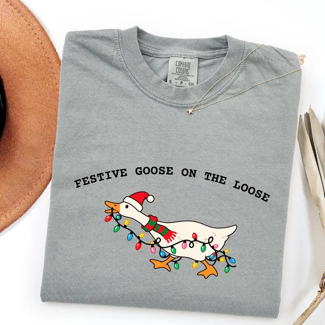 Comfort Colors 1717 T-shirt with Festive Goose on the Loose Christmas design worn by a model view 7