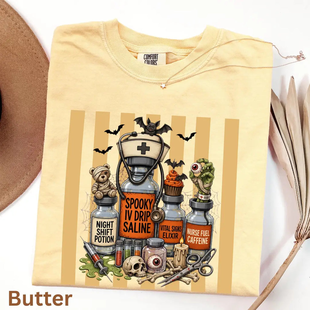 Nurse Halloween Potion Bottles Comfort Colors T-Shirt alternate product view.