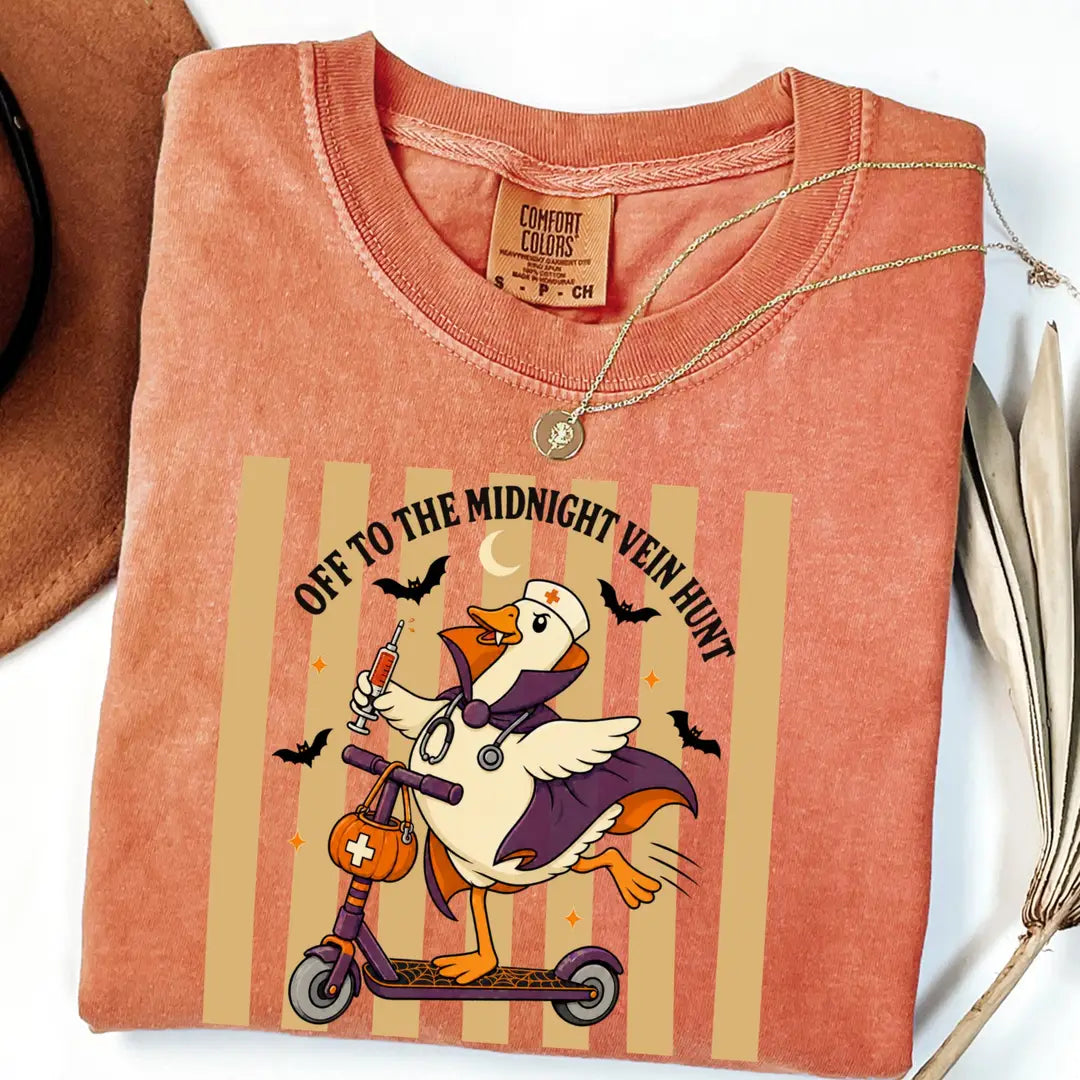 Off to the Midnight Vein Hunt - Nurse Goose Halloween Comfort Colors T-Shirt alternate product view.