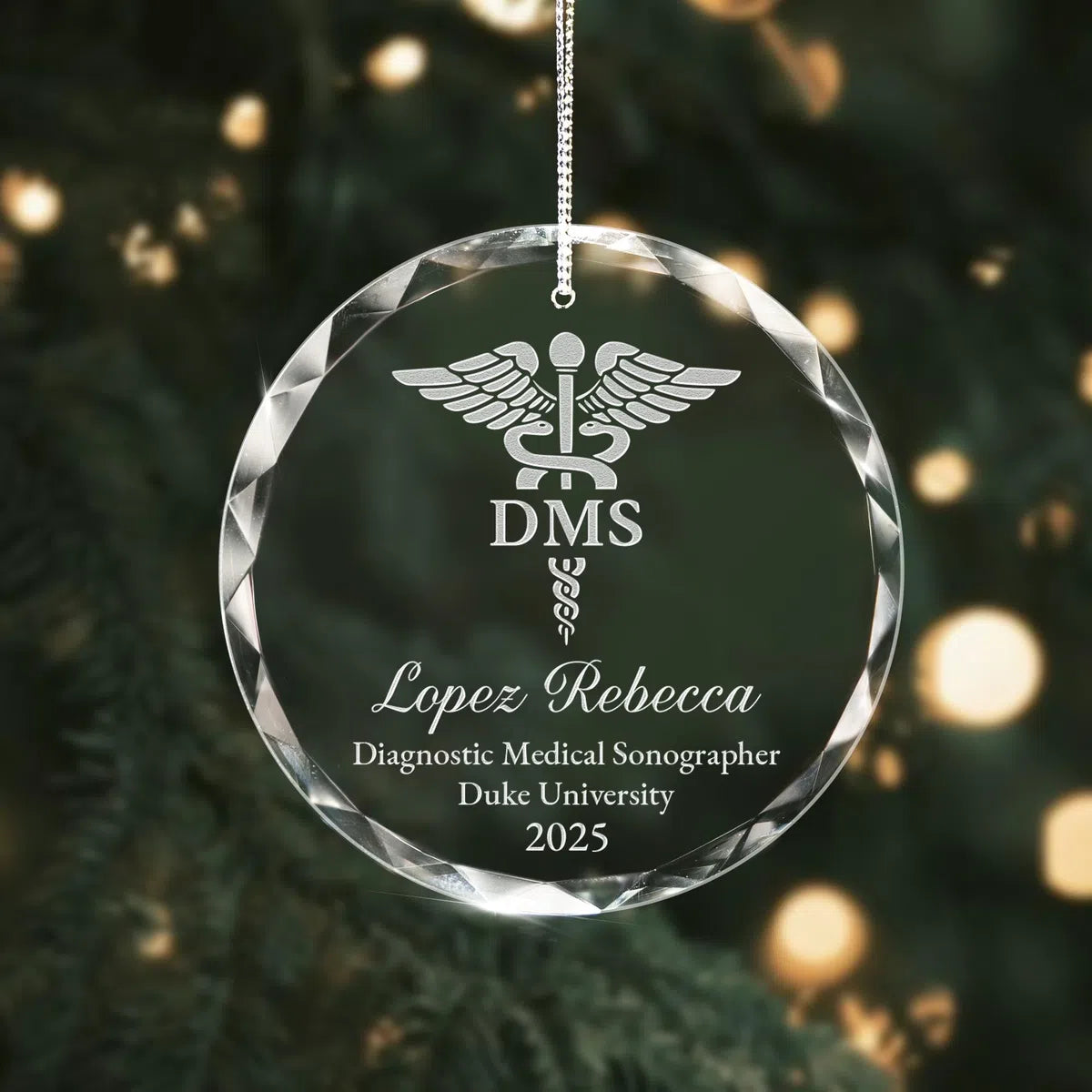 Additional view of a Diagnostic Medical Sonographer personalized engraved engraved crystal glass ornament.