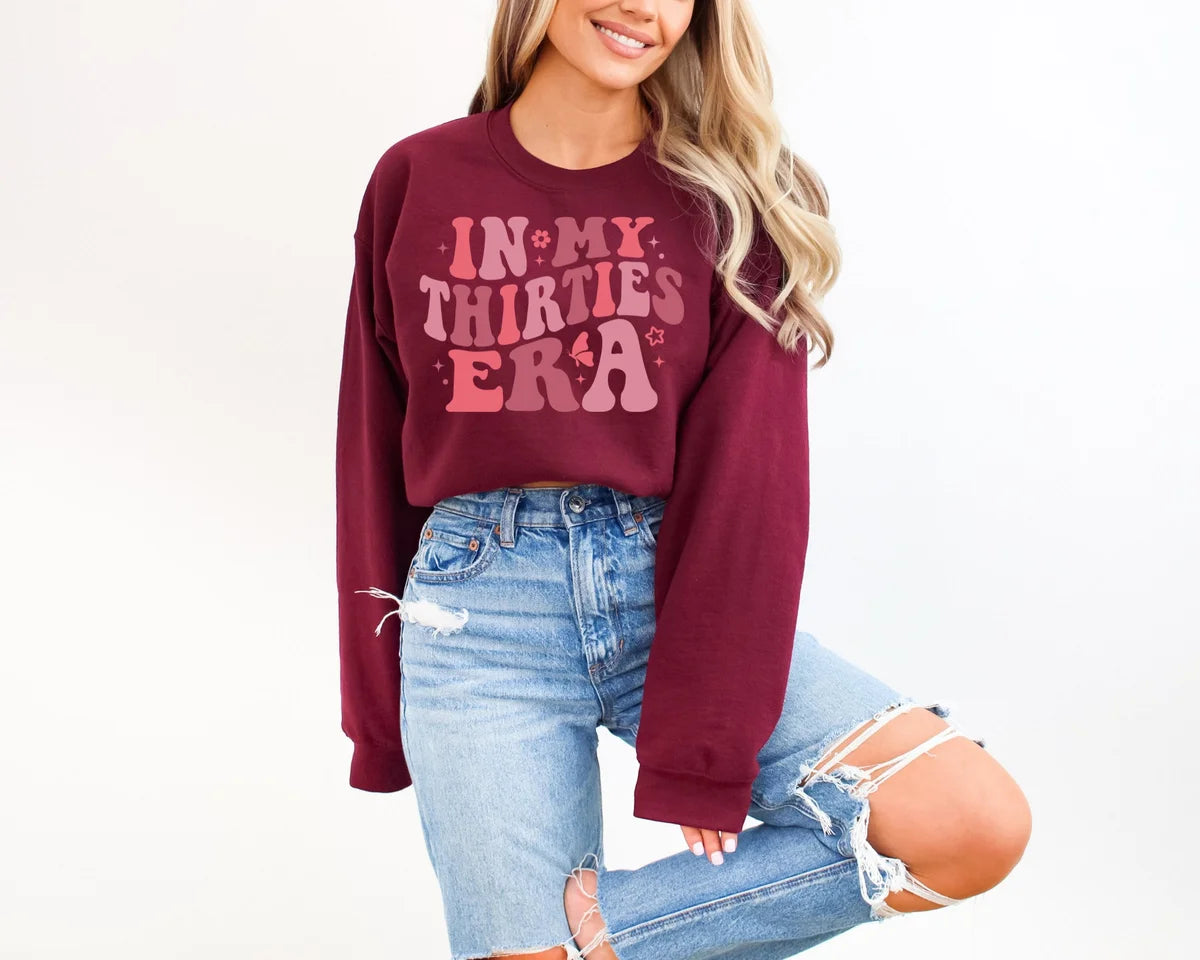 Crewneck sweatshirt with In My Thirties Era design, alternate product view.