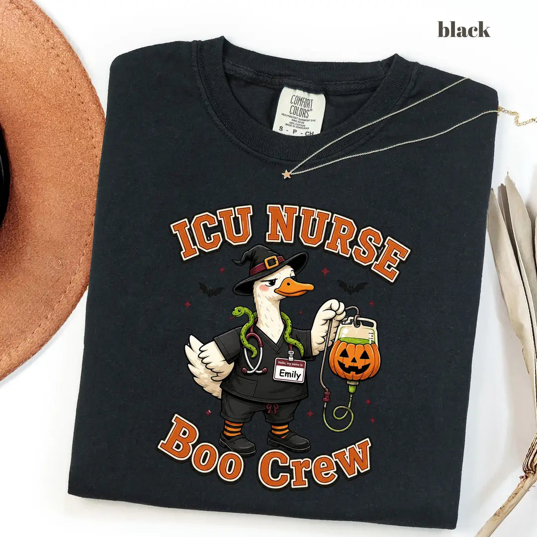 Black CF Comfort Colors 1717 T-shirt with ICU Nurse design worn by a model