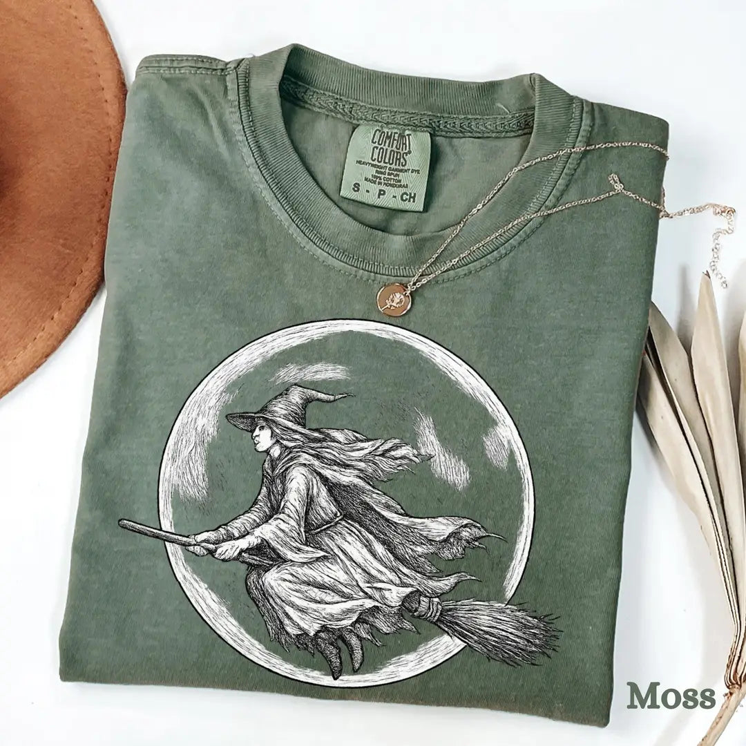Witch Flying Broomstick Comfort Colors T-Shirt alternate product view in Moss.
