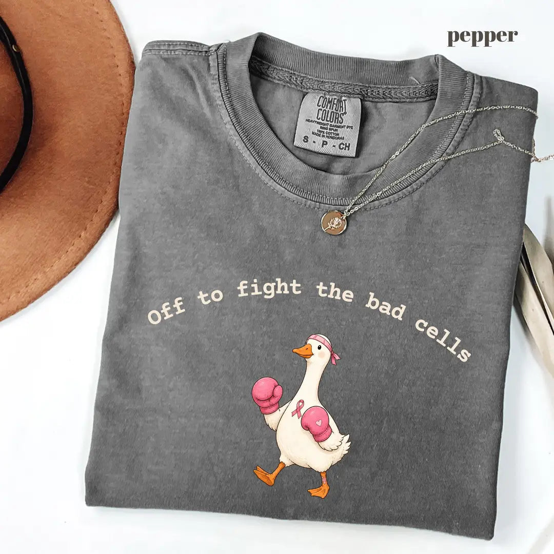 Pepper Comfort Colors 1717 T-shirt with Off To Fight The Bad Cells Goose design worn by a model