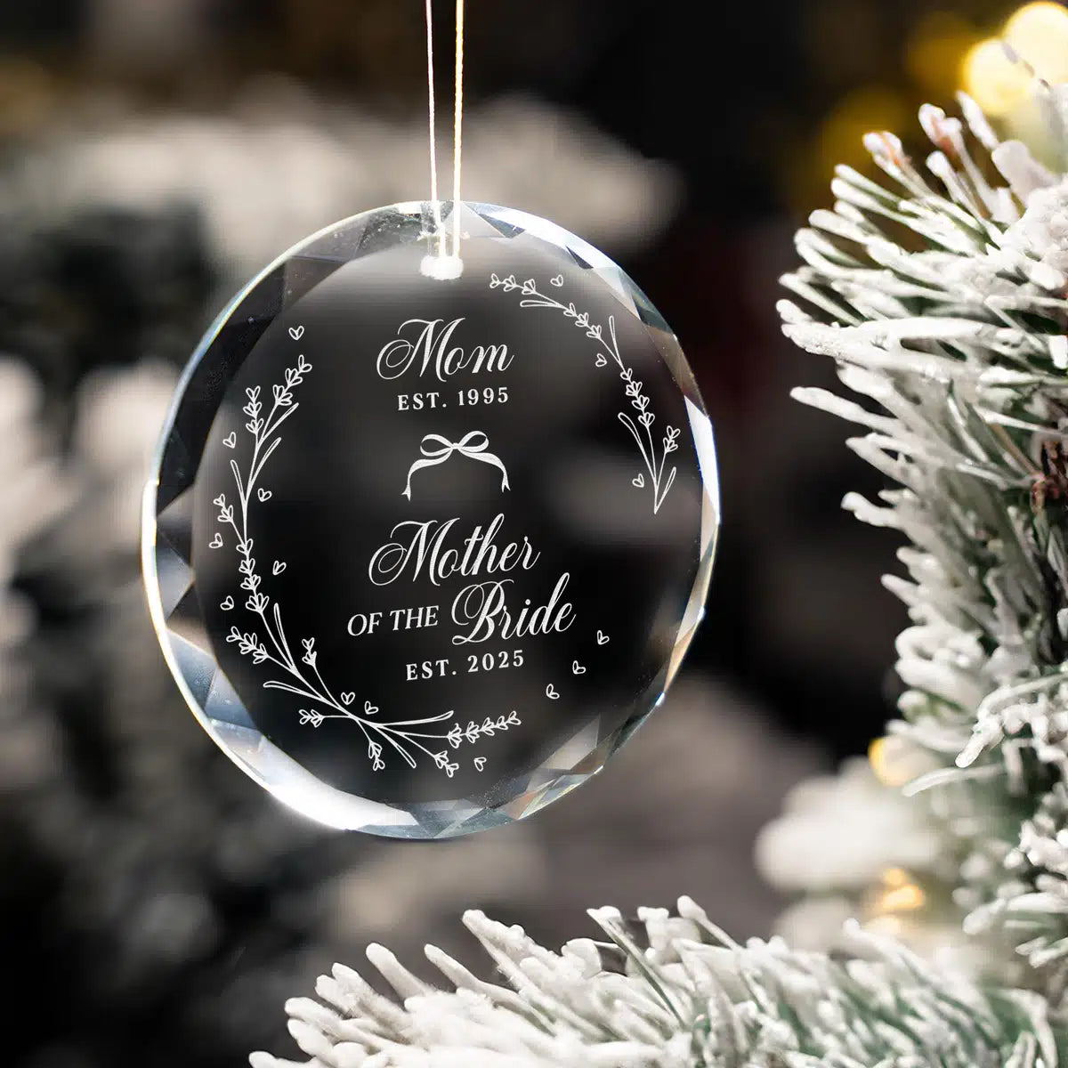 Additional view of a Mother Of Bride personalized engraved engraved crystal glass ornament.