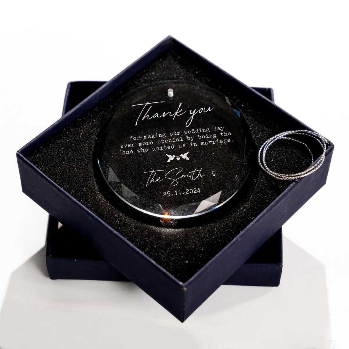 Additional view of a Wedding Officiant personalized engraved engraved crystal glass ornament.