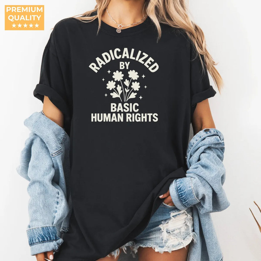 Black Comfort Colors 1717 T-shirt with Human Rights design, alternate product view.
