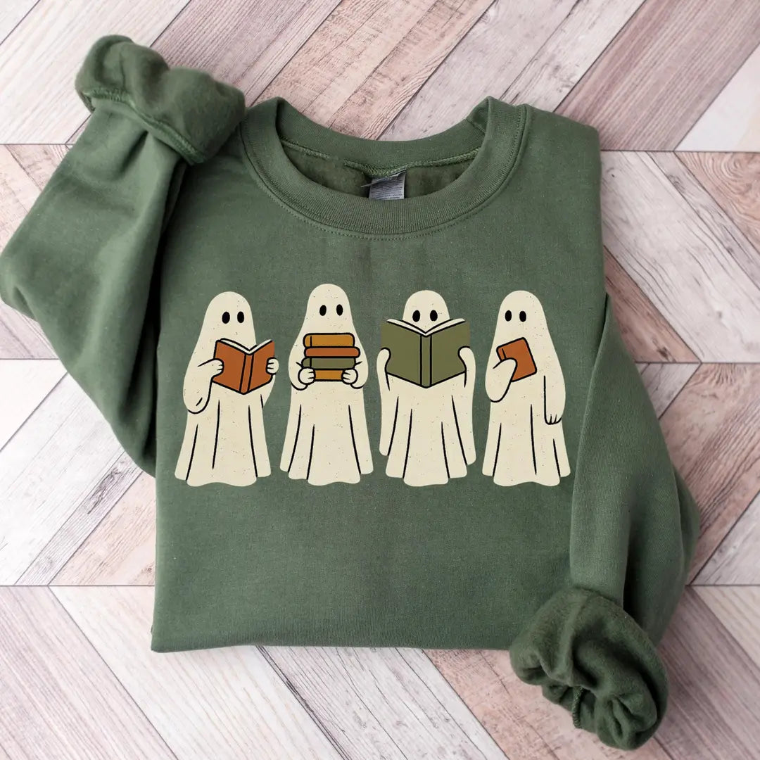 Military Green Crewneck sweatshirt with Ghost Reading design, alternate product view.