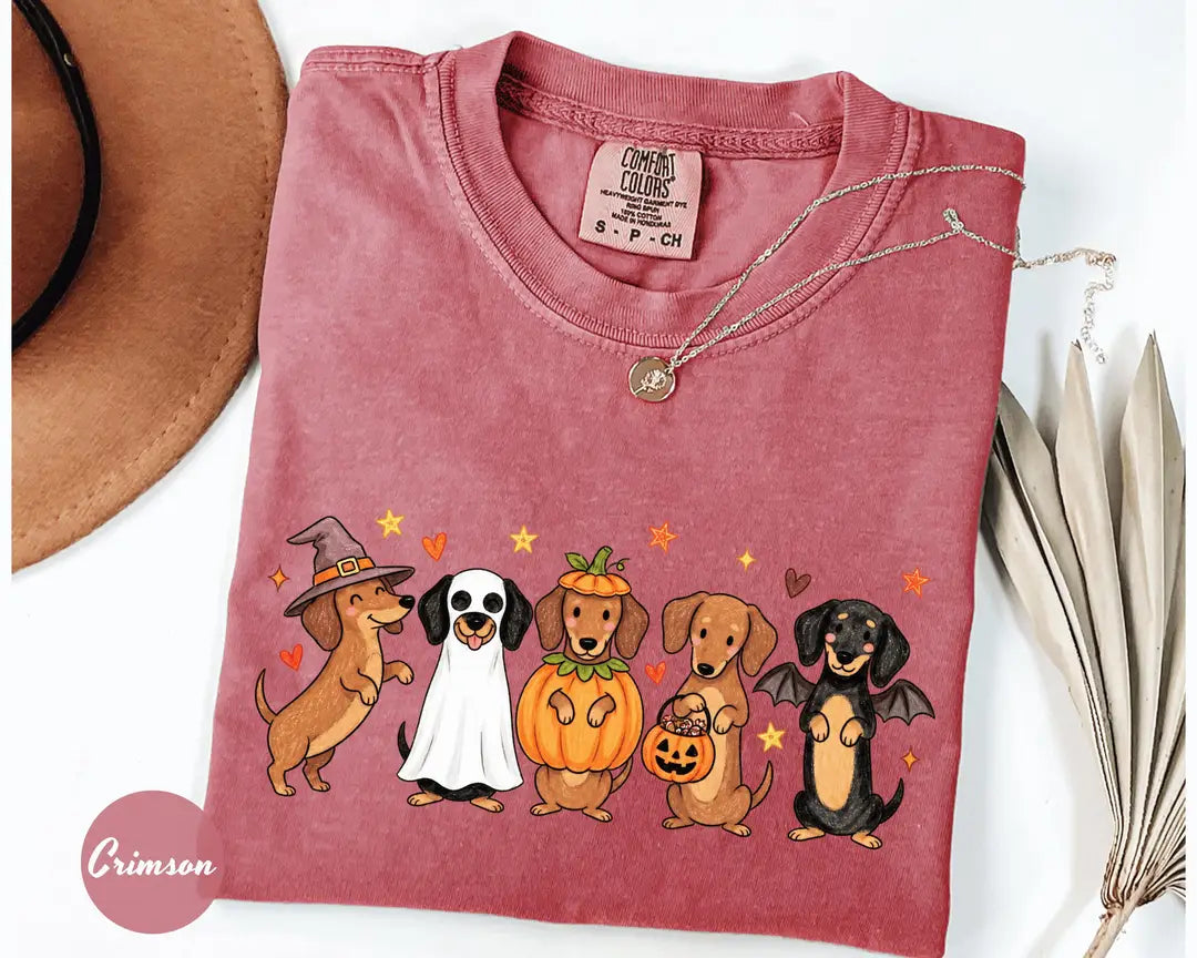 Crimson Comfort Colors 1717 T-shirt with Halloween Dachshund design