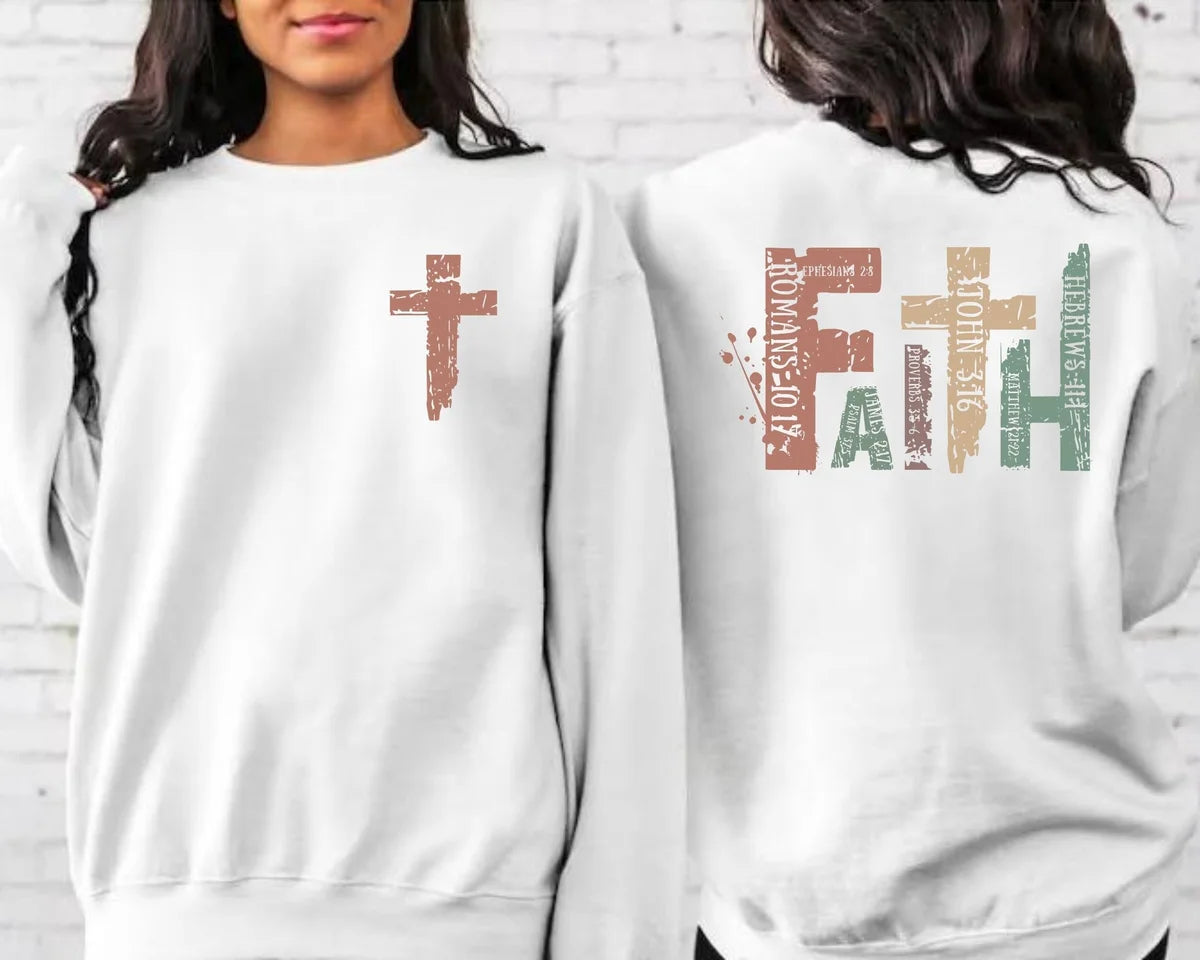 White Crewneck sweatshirt with Christian design, alternate product view.