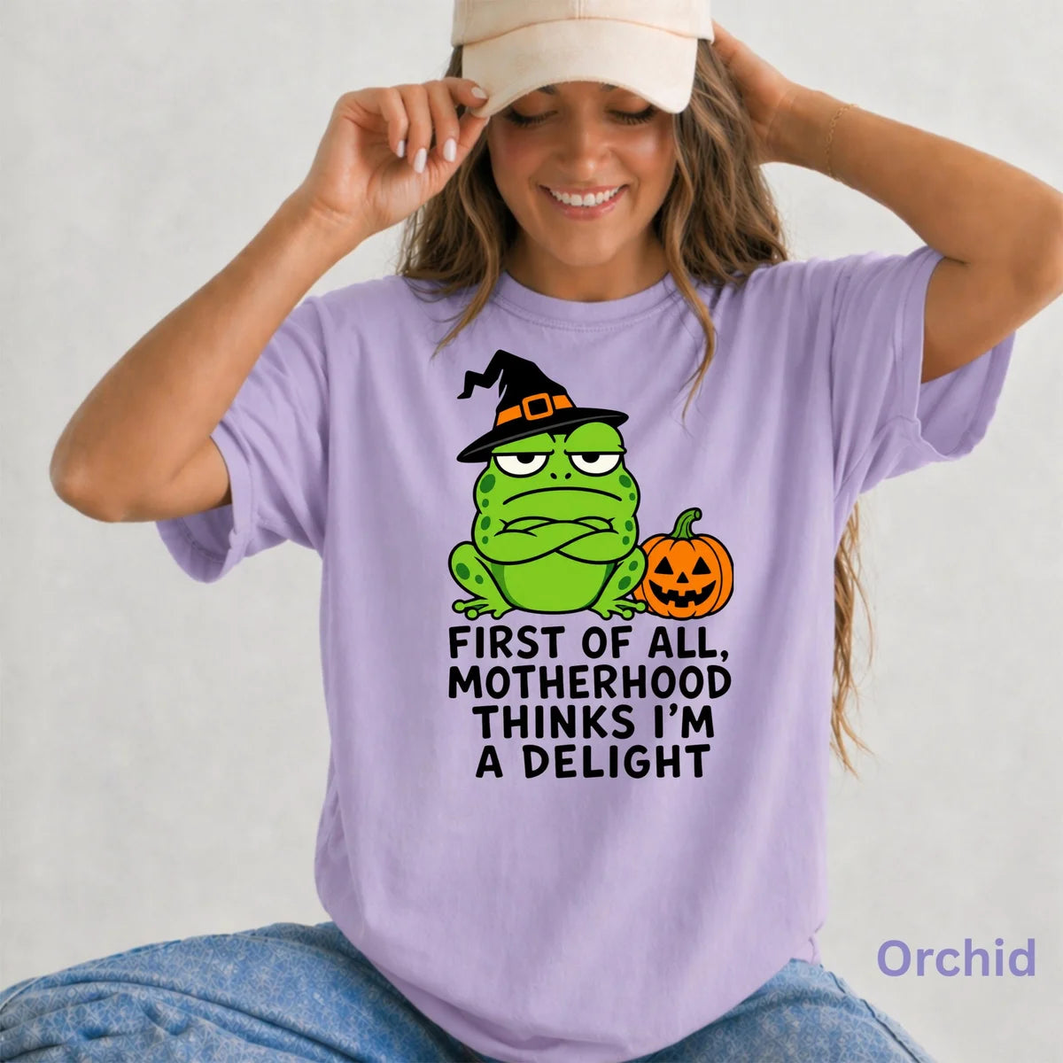 First of All Motherhood Thinks I'm a Delight - Frog Mom Comfort Colors T-Shirt alternate product view in Orchid.