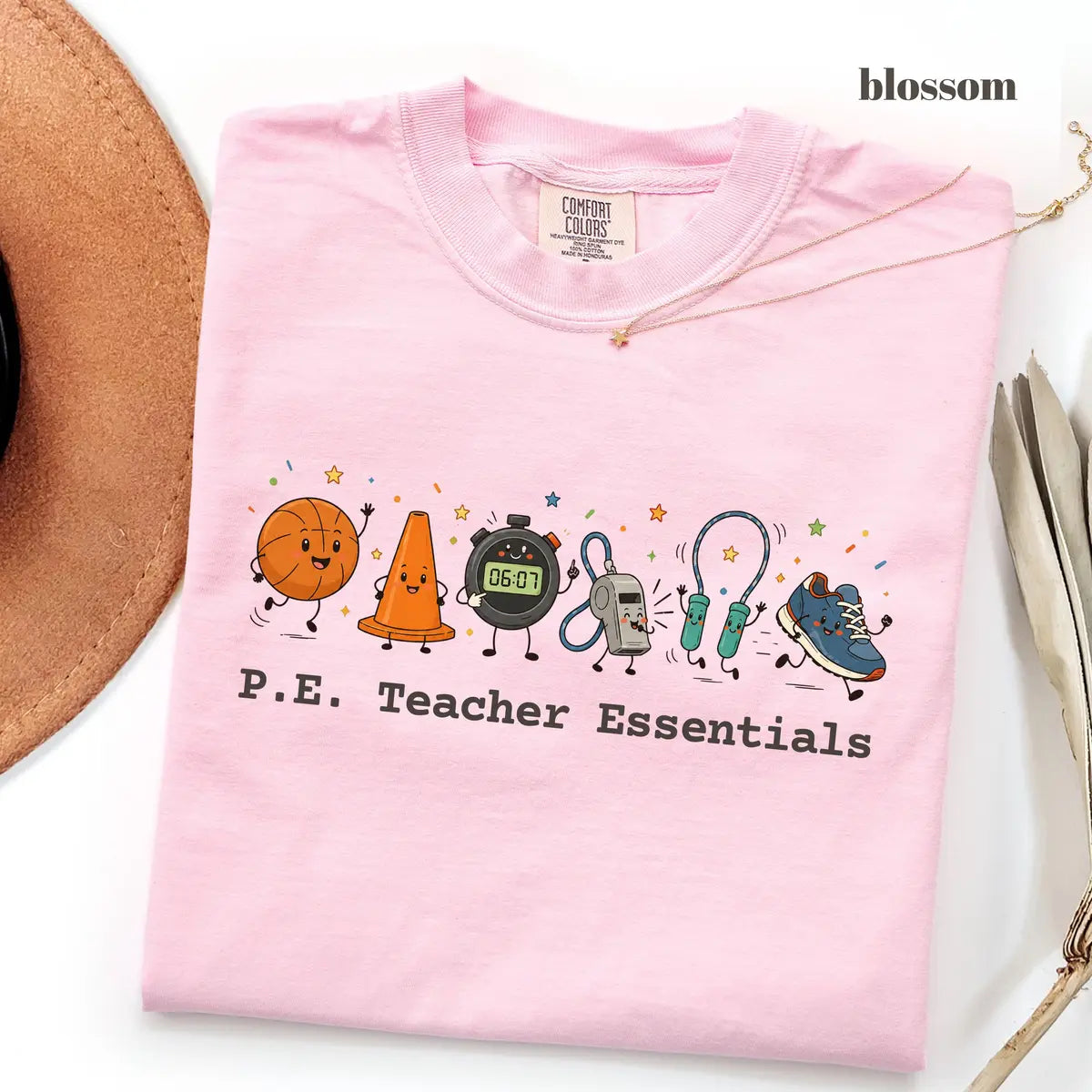 Blossom Comfort Colors 1717 T-shirt with P.E Teacher Essentials design
