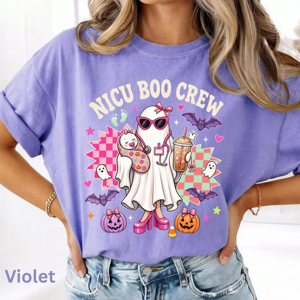 NICU Boo Crew Halloween Comfort Colors T-Shirt alternate product view in Violet.