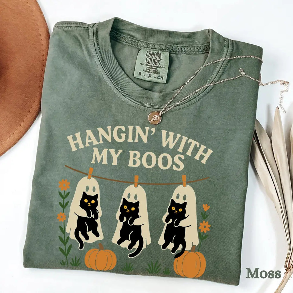 Hangin' With My Boos - Ghost Cat Halloween Comfort Colors T-Shirt alternate product view in Moss.