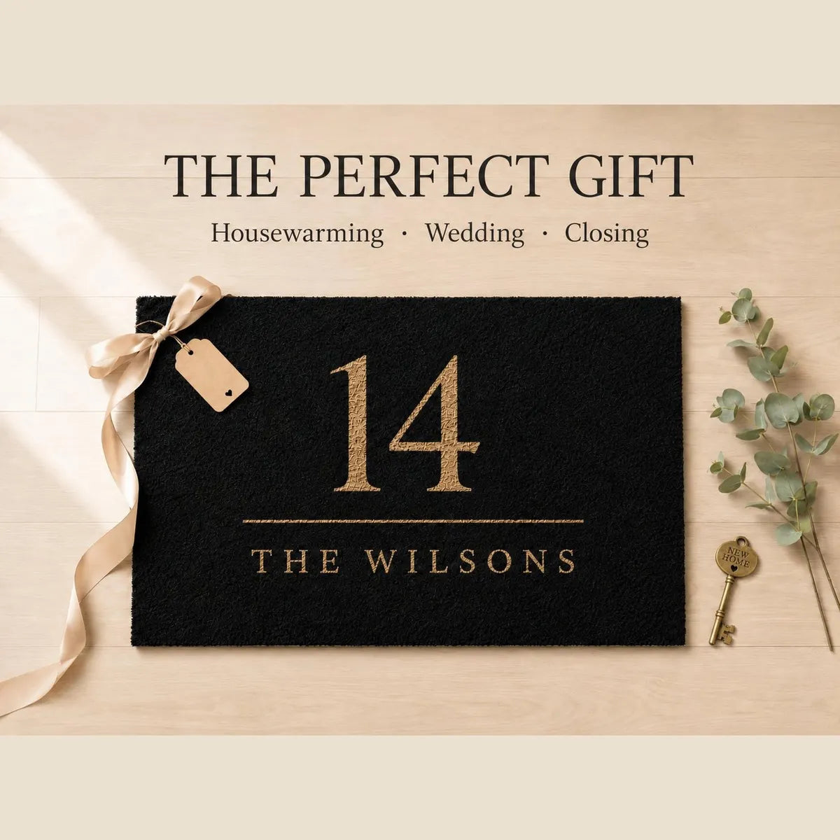 Black doormat with a gold-tone house number and family name styled as a gift with ribbon, tag, and key under the heading The Perfect Gift for housewarming, wedding, and closing