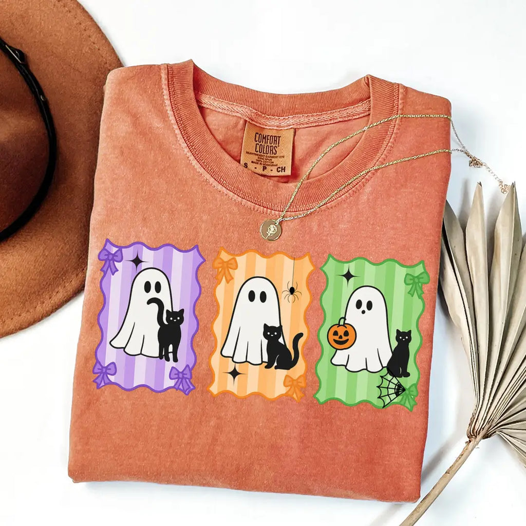 Colorful Ghost & Black Cat Panels - Halloween Comfort Colors T-Shirt alternate product view in Yam.