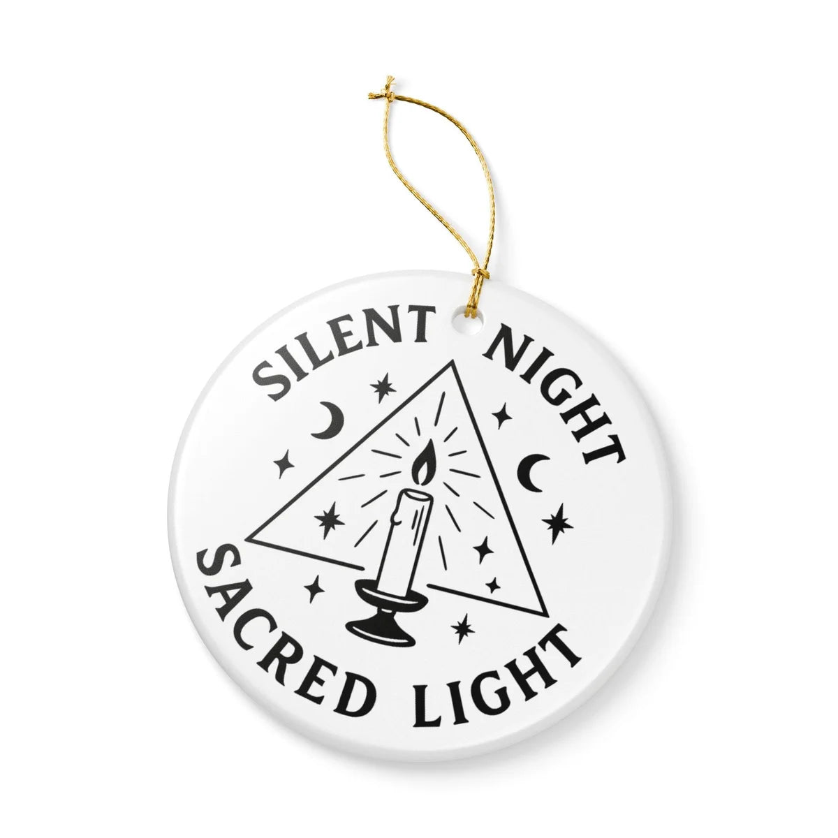 Alternate view of a round ceramic ornament with the visible Silent Night Sacred Light message.