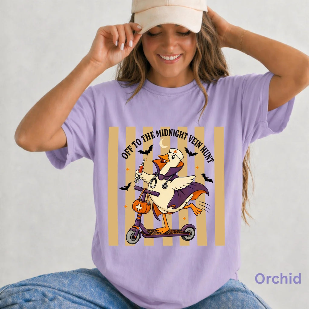 Off to the Midnight Vein Hunt - Nurse Goose Halloween Comfort Colors T-Shirt alternate product view in Orchid.
