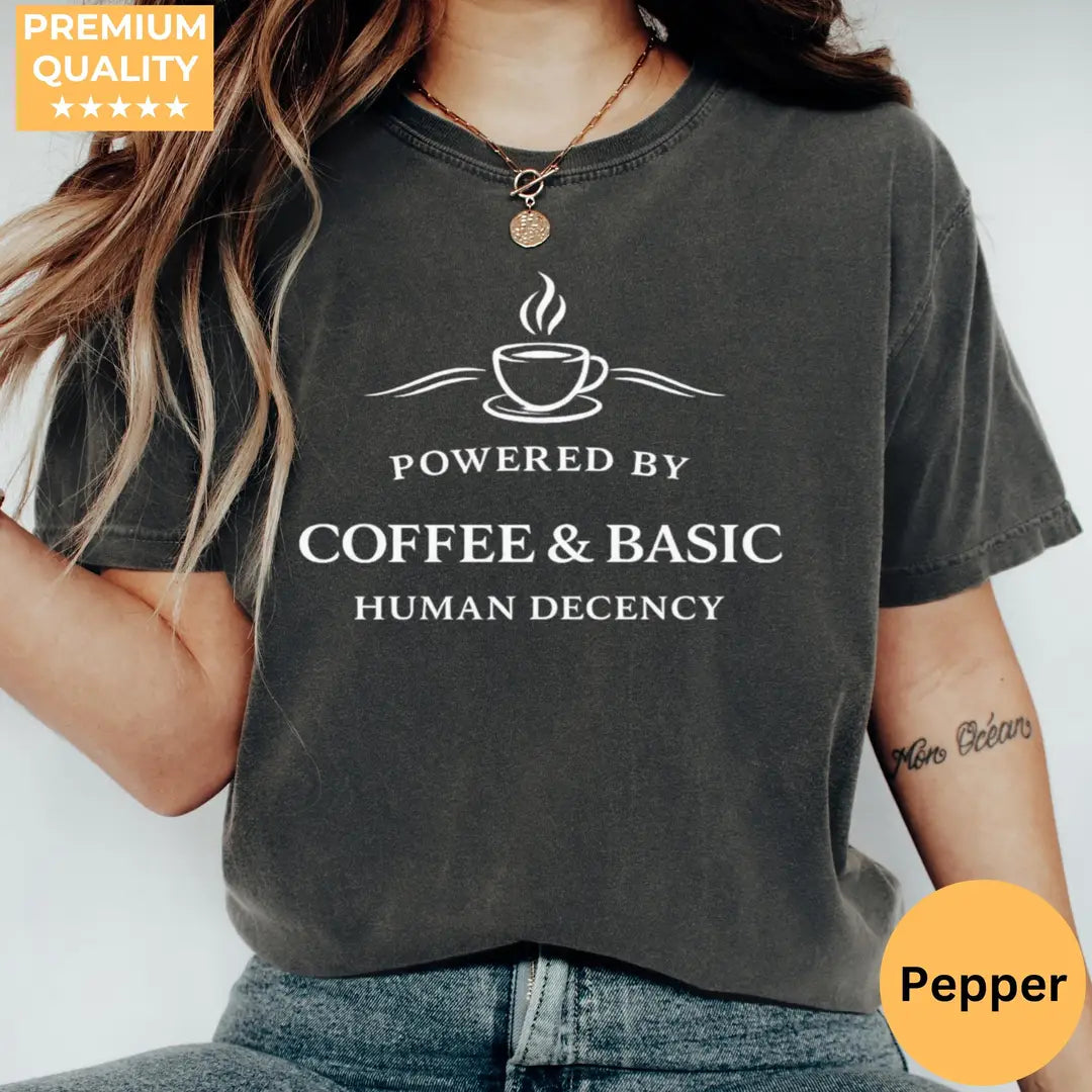 Pepper Comfort Colors 1717 T-shirt with Coffee Lover Activist design, hero view.