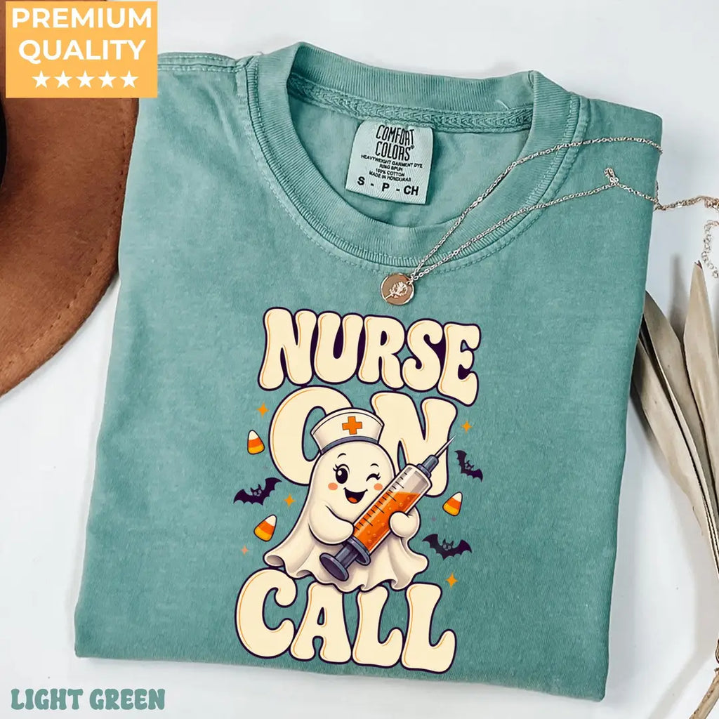 Nurse On Call Halloween Comfort Colors T-Shirt alternate product view in Light Green.