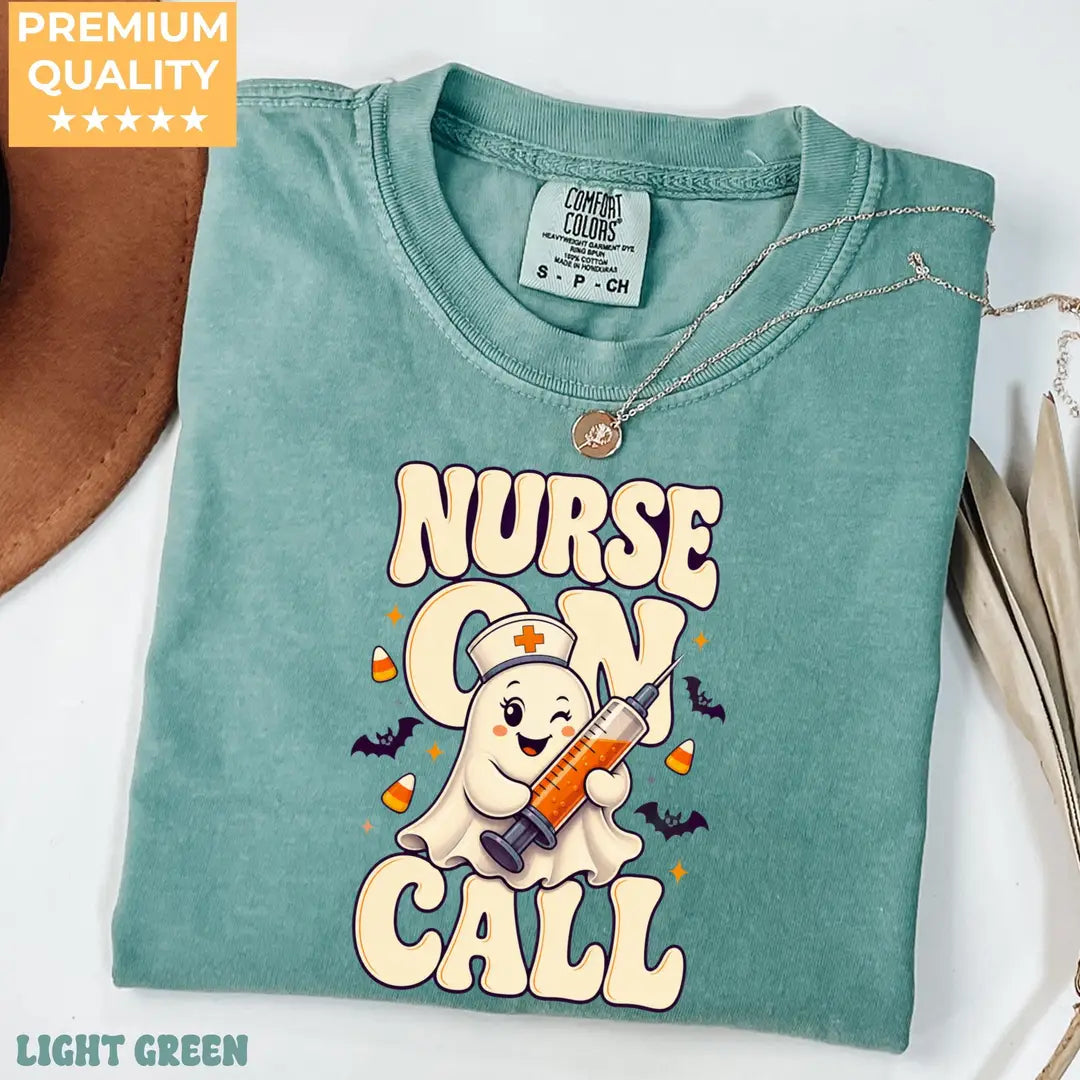 Nurse On Call Halloween Comfort Colors T-Shirt alternate product view in Light Green.
