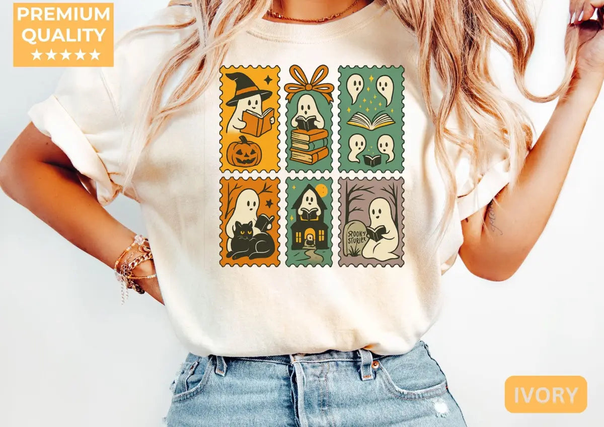 Halloween Ghost Book Club Patchwork - Bookish Comfort Colors T-Shirt alternate product view in Ivory.