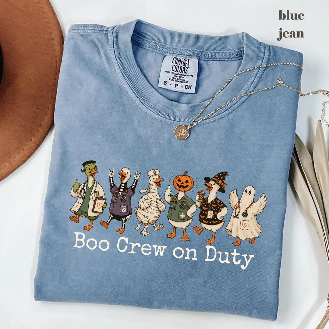 Blue Jean Comfort Colors 1717 T-shirt with Boo Crew on Duty Halloween Nurse design