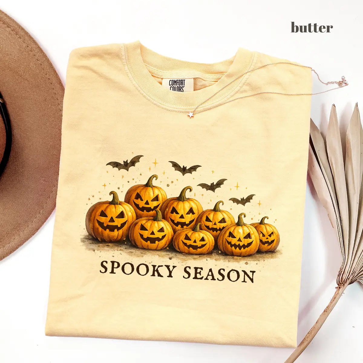 Butter Comfort Colors 1717 T-shirt with Spooky Season Pumpkin design