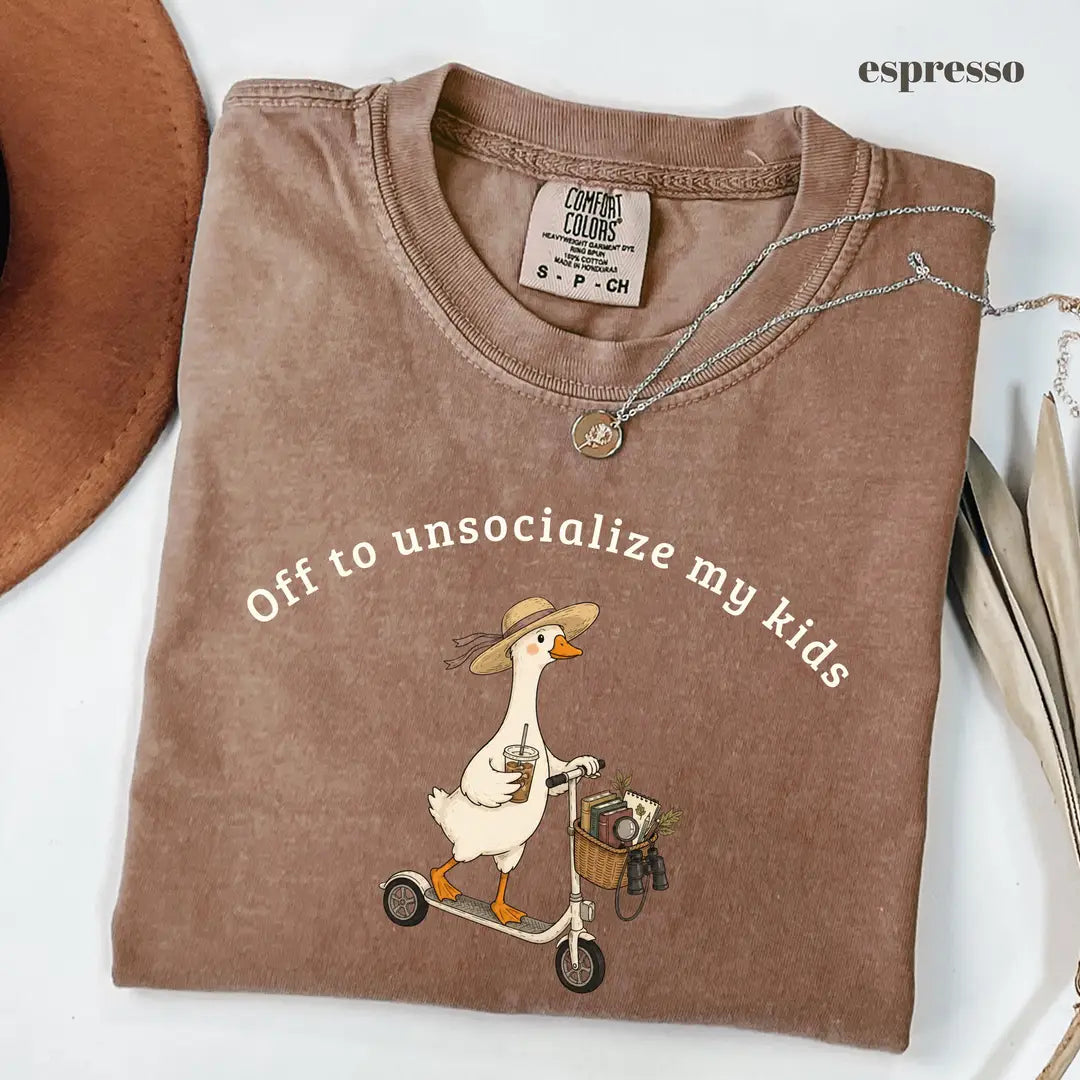 Espresso Comfort Colors 1717 T-shirt with Off To Unsocialize My Kids Goose design worn by a model
