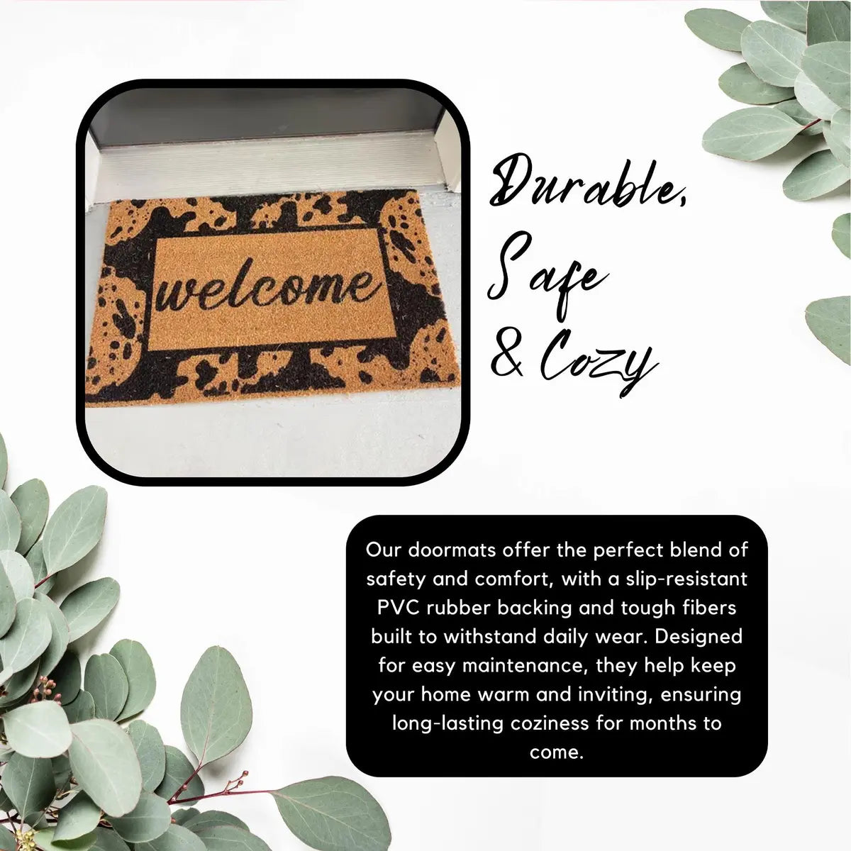 Doormat details card with a close photo of a patterned mat and notes on backing and fibers
