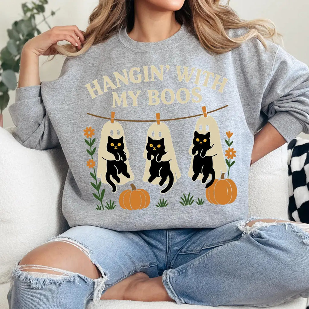 Crewneck sweatshirt with Halloween Black Cat & Ghost design, alternate product view.