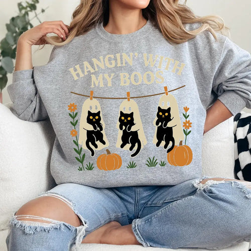 Crewneck sweatshirt with Halloween Black Cat & Ghost design, alternate product view.
