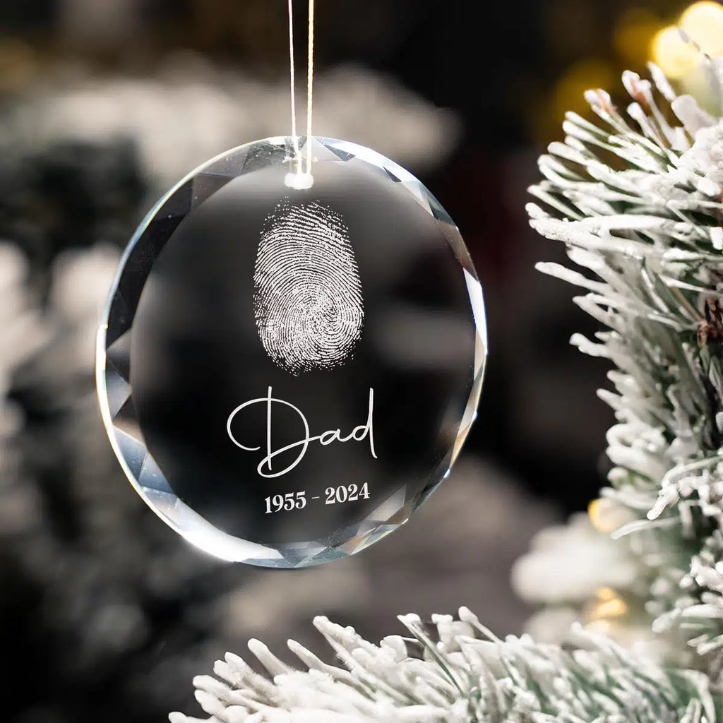 Additional view of a Fingerprint Memorial personalized engraved engraved crystal glass ornament.