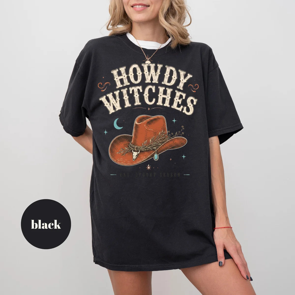 Black CF Comfort Colors 1717 T-shirt with Howdy Witches design view 2