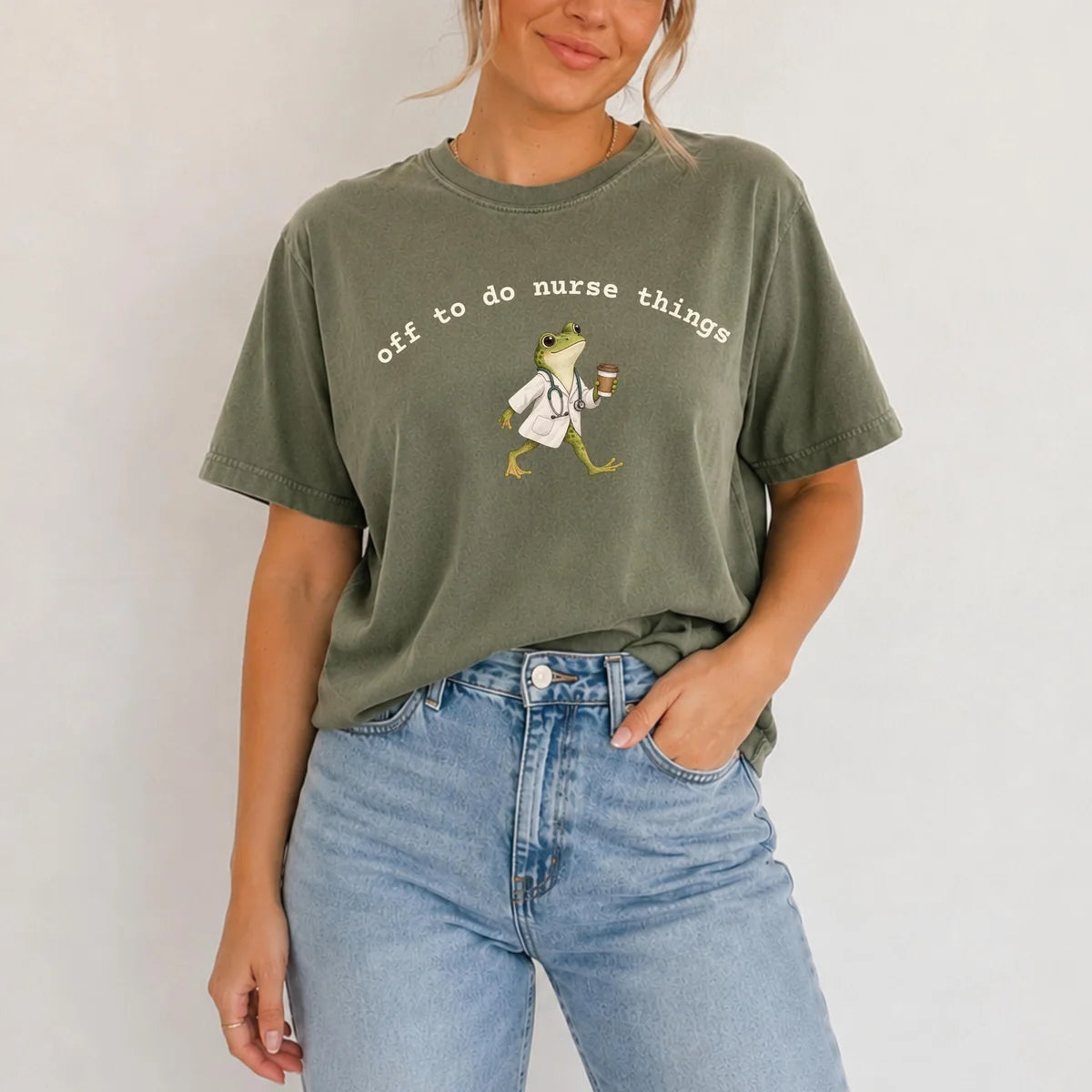 Comfort Colors 1717 T-shirt with Off to Do Nurse Things design worn by a model view 3